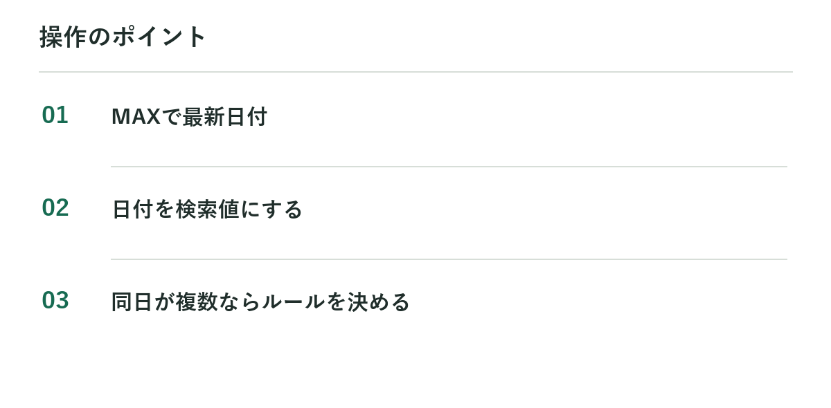 操作のポイント:MAXで最新日付、日付を検索値にする、同日が複数ならルールを決める