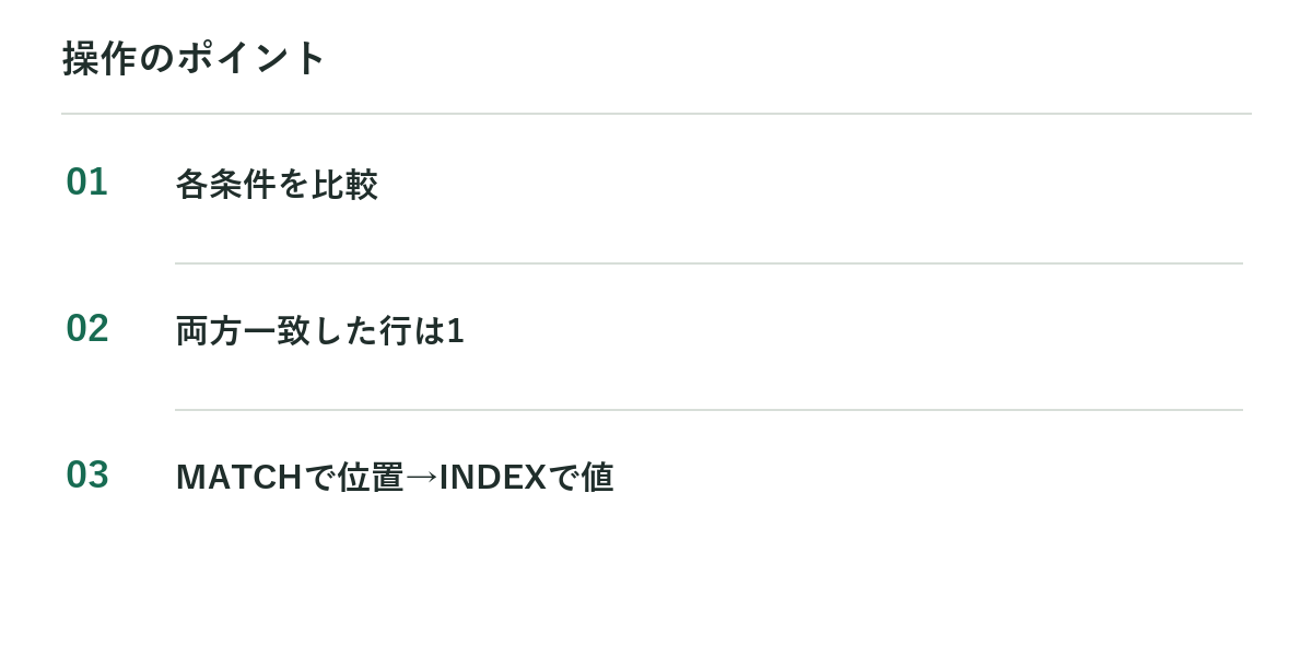 操作のポイント：各条件を比較、両方一致した行は1、MATCHで位置→INDEXで値