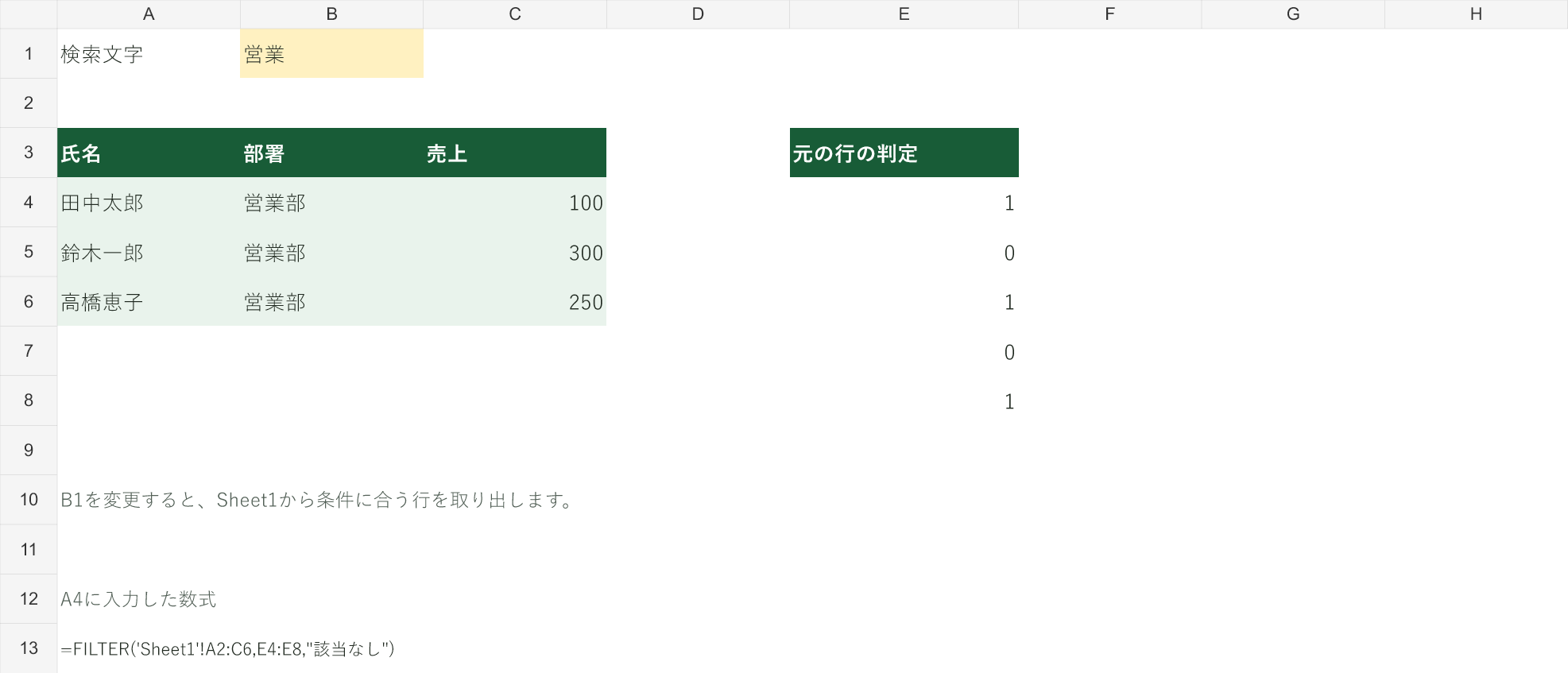別シートにFILTER関数の抽出結果を表示するサンプル