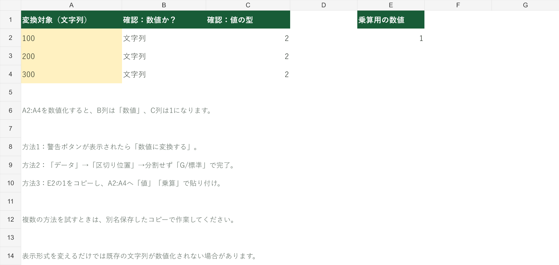 Excelの文字列を数値に変換する操作練習シート