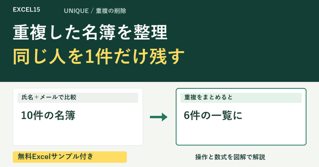重複した名簿を整理 同じ人を1件だけ残す。無料Excelサンプル付き。
