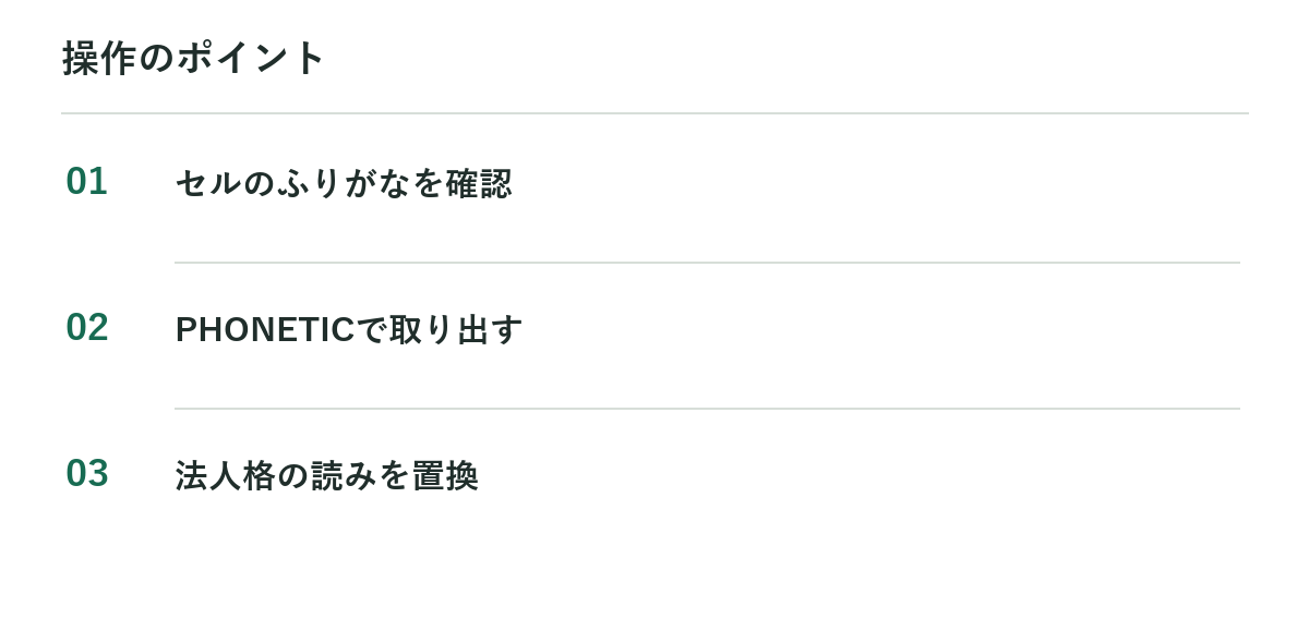 操作のポイント:セルのふりがなを確認、PHONETICで取り出す、法人格の読みを置換