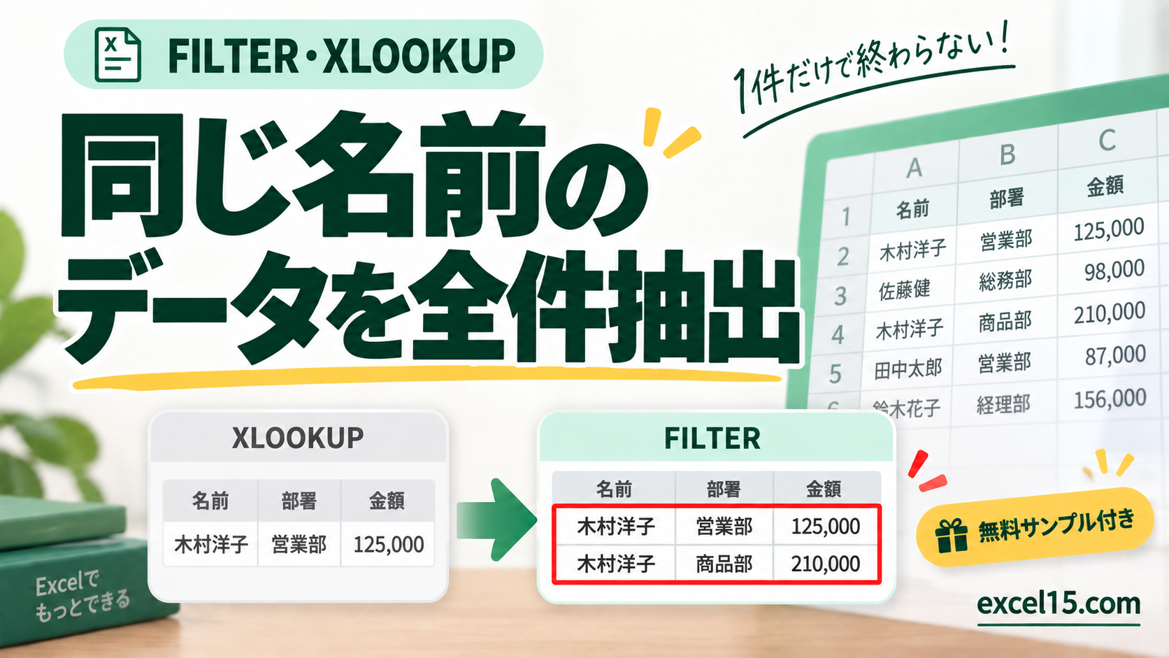 同じ名前の データを全件抽出。無料Excelサンプル付き。