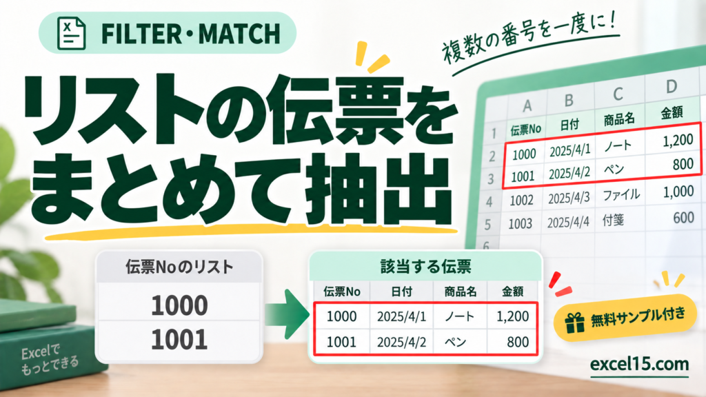 リストの伝票を まとめて抽出。無料Excelサンプル付き。