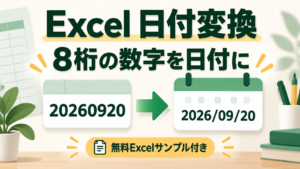 Excelで8桁の数字を日付に変換する方法｜20260920を2026/09/20にのイメージ図。