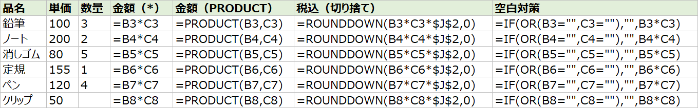 掛け算の式を表示した状態（=B3*C3、=PRODUCT(B3,C3) など）。式の見方の参考にしてください
