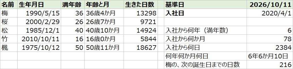 エクセルで年齢を求めた表（名前、生年月日、満年齢、年齢と月、生きた日数、基準日、入社日、各式の結果）