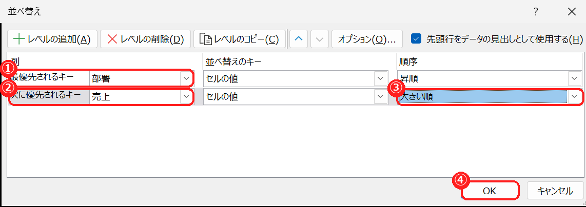 エクセルの並べ替え画面で、部署の昇順と売上の大きい順を指定した様子