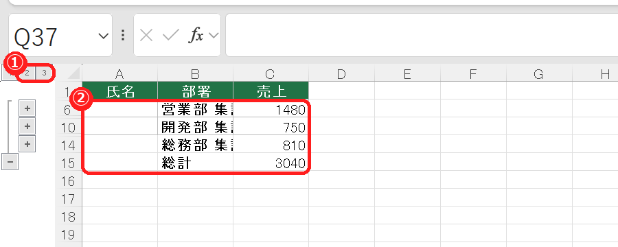 エクセルでアウトラインの2を押して、小計と総計だけを表示した画面