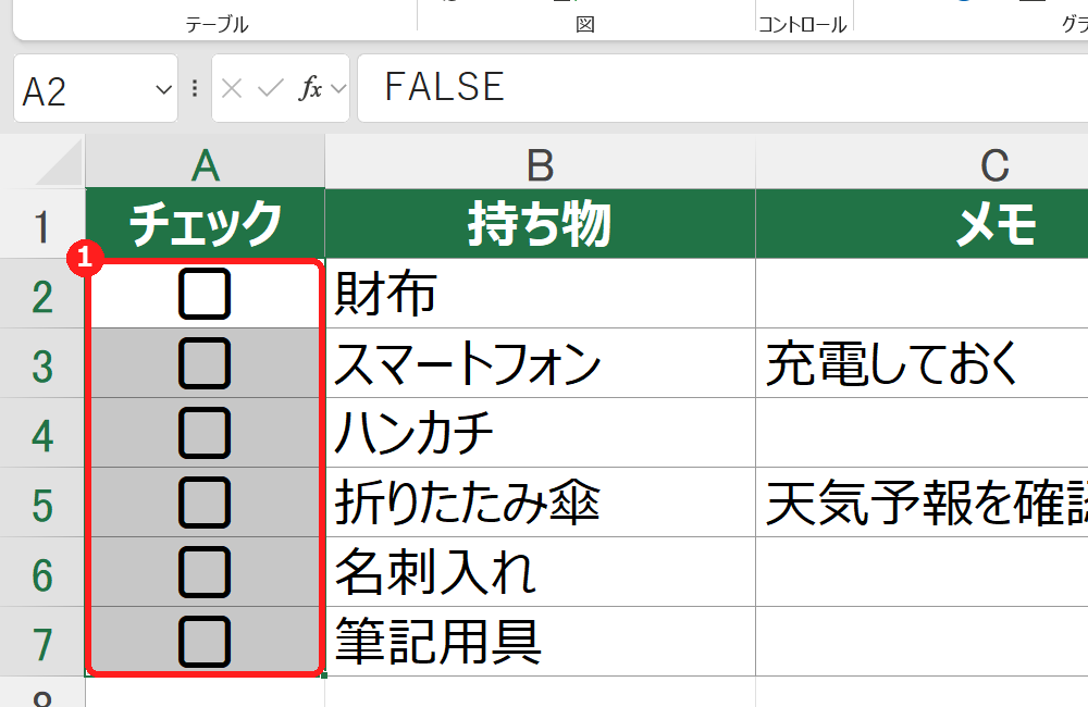エクセルでチェックボックスのセルを選んでDeleteを1回押し、チェックが外れた画面