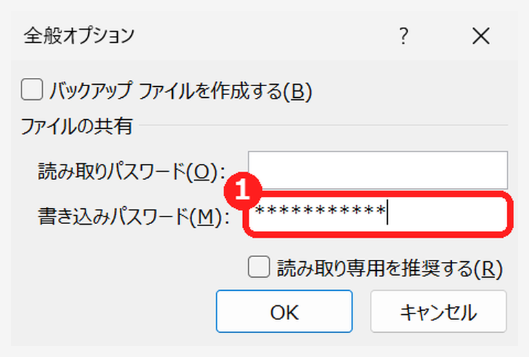 エクセルの全般オプションの画面で書き込みパスワードを入力する