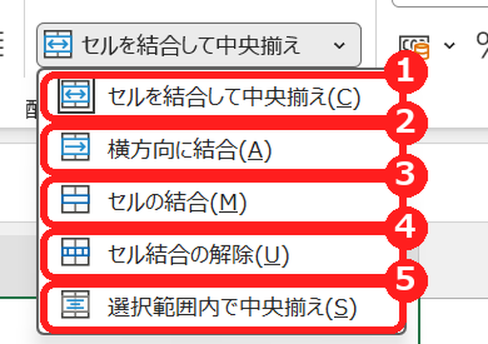 エクセルのセルを結合して中央揃えのメニュー。5つの項目が並んでいる