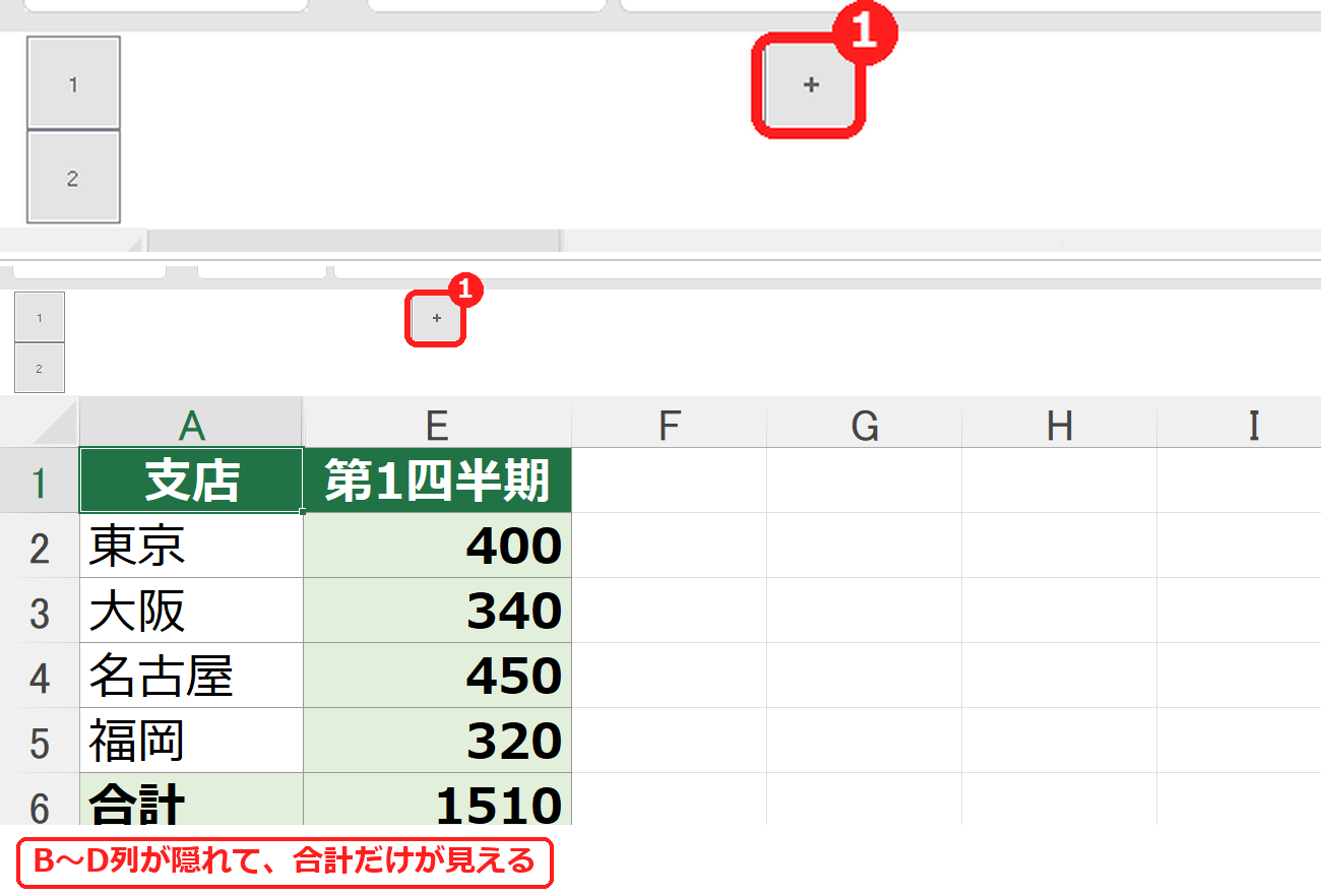 エクセルでグループ化した列を折りたたんで、合計の列だけが見える画面
