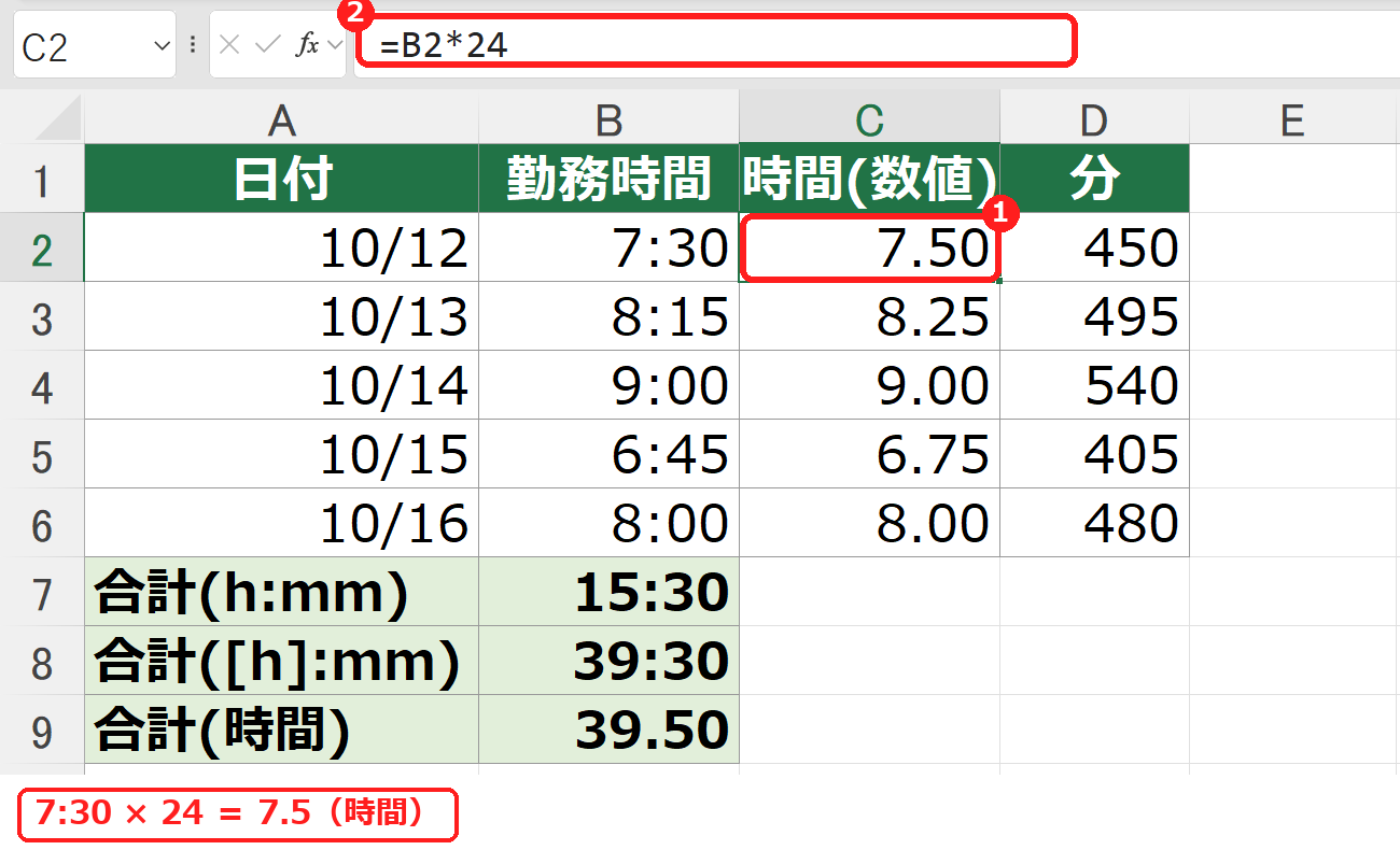 エクセルで時間に24を掛けて7.5時間の数値に変換した画面