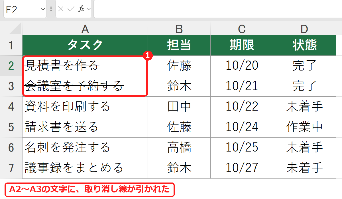 エクセルでA2からA3の文字に取り消し線が引かれた画面