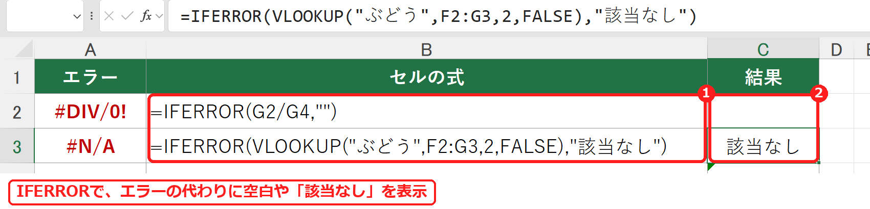 エクセルのIFERROR関数で、エラーの代わりに空白や該当なしを表示した画面
