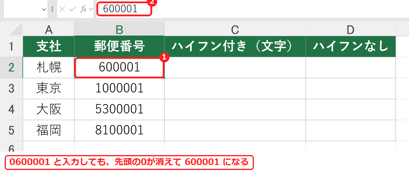 エクセルで郵便番号を入力すると、先頭の0が消える