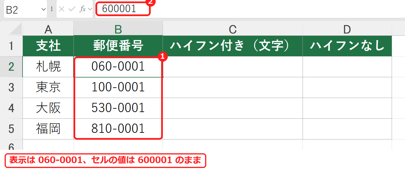 エクセルで郵便番号をハイフン付きで表示した表