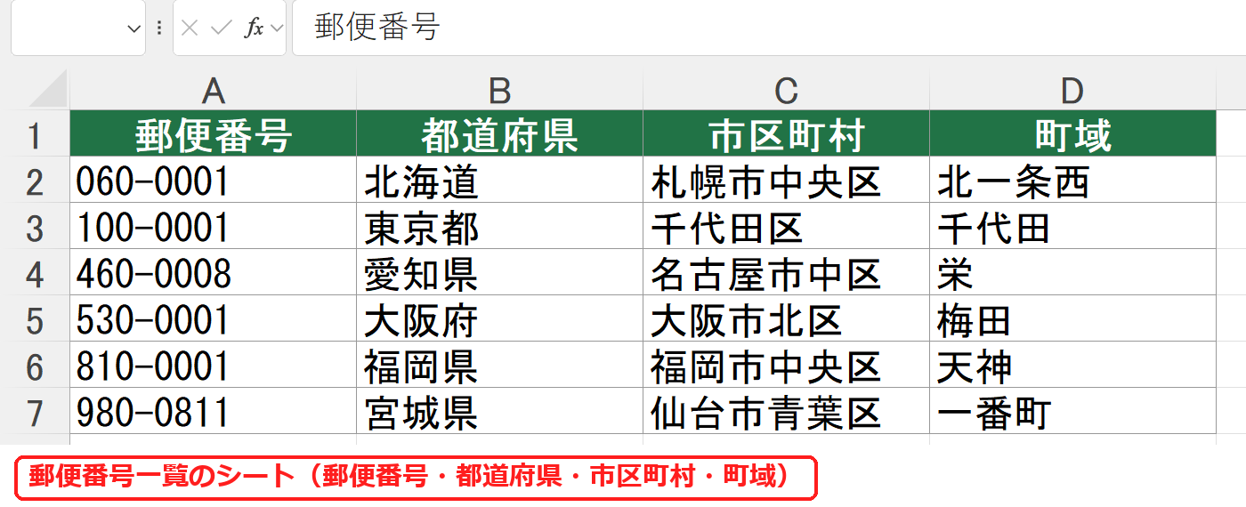 エクセルの郵便番号一覧のシート