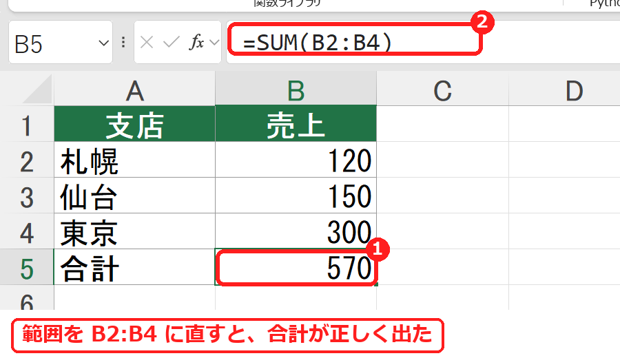 エクセルで循環参照を直して合計が正しく表示された画面