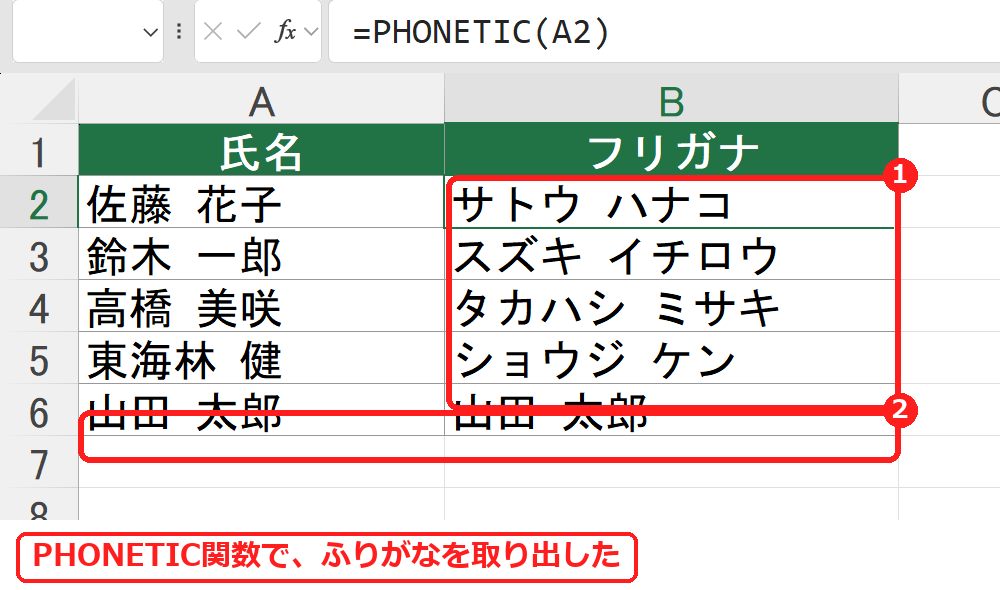 エクセルのPHONETIC関数で氏名のフリガナを取り出した表