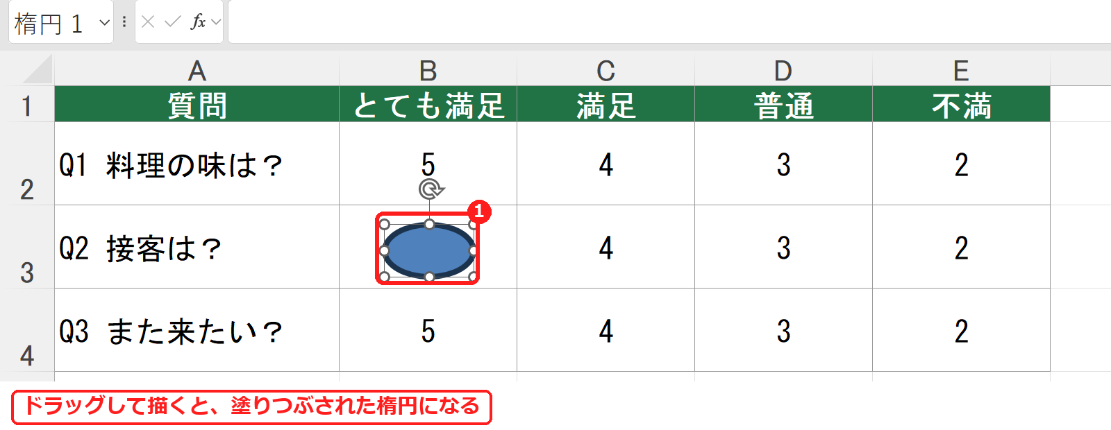 エクセルで楕円を描いて文字が隠れた画面