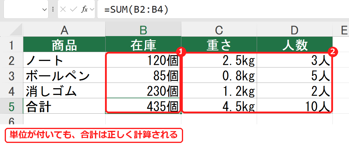エクセルで数字に単位を付けても合計が計算できている表