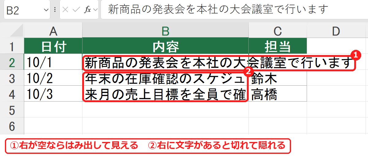 エクセルで右のセルに文字があり長い文字が途中で切れている表