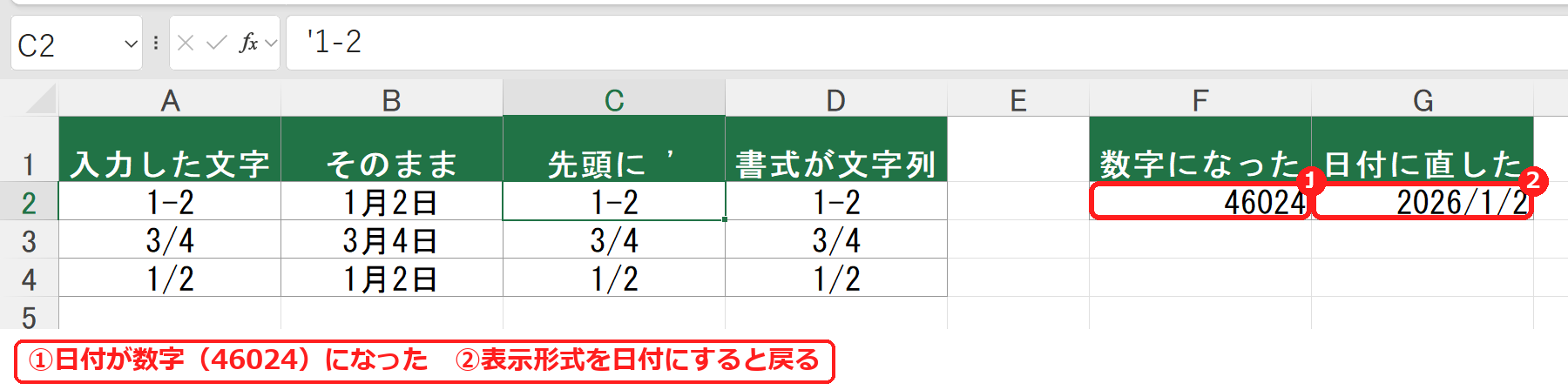 エクセルで日付が数字になったものを日付の表示形式に戻した表