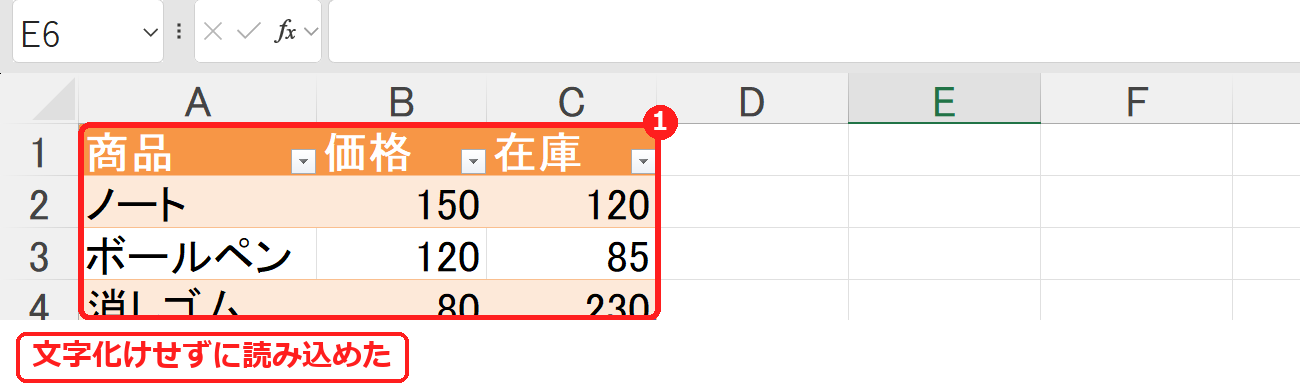 エクセルでCSVを文字化けせずに読み込んだ画面