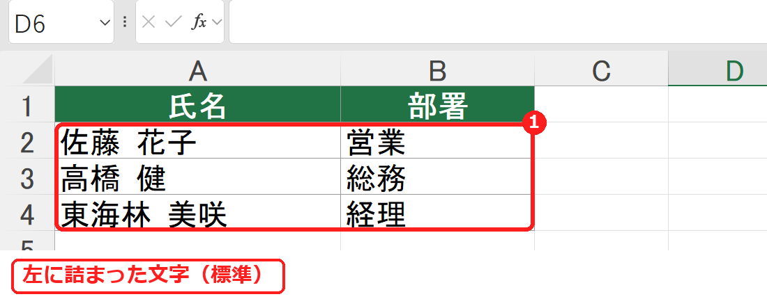 エクセルで文字が左に詰まって表示された名簿