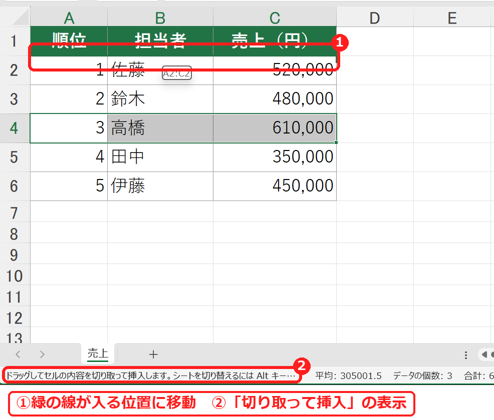 エクセルでShiftキーを押しながら行をドラッグして移動する画面