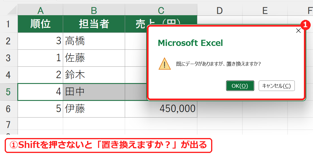エクセルで既にデータがありますが置き換えますかというメッセージ