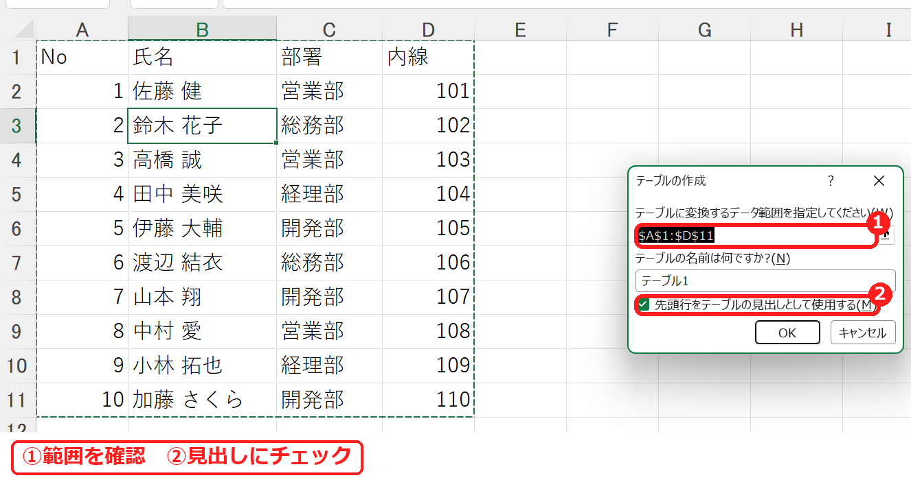 エクセルのテーブルの作成の画面