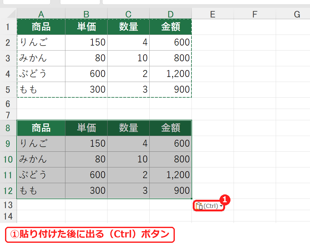 エクセルで貼り付けた後に出る貼り付けオプションのボタン