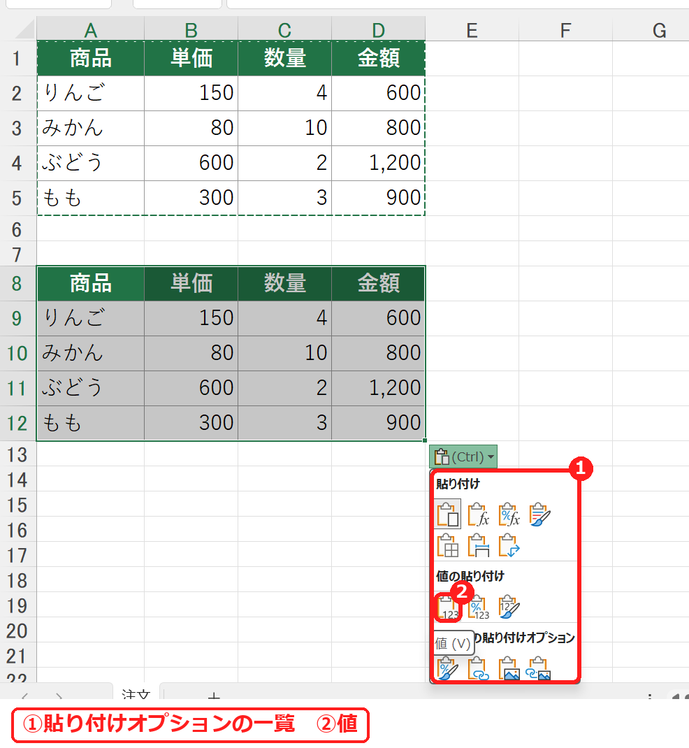 エクセルの貼り付けオプションの一覧