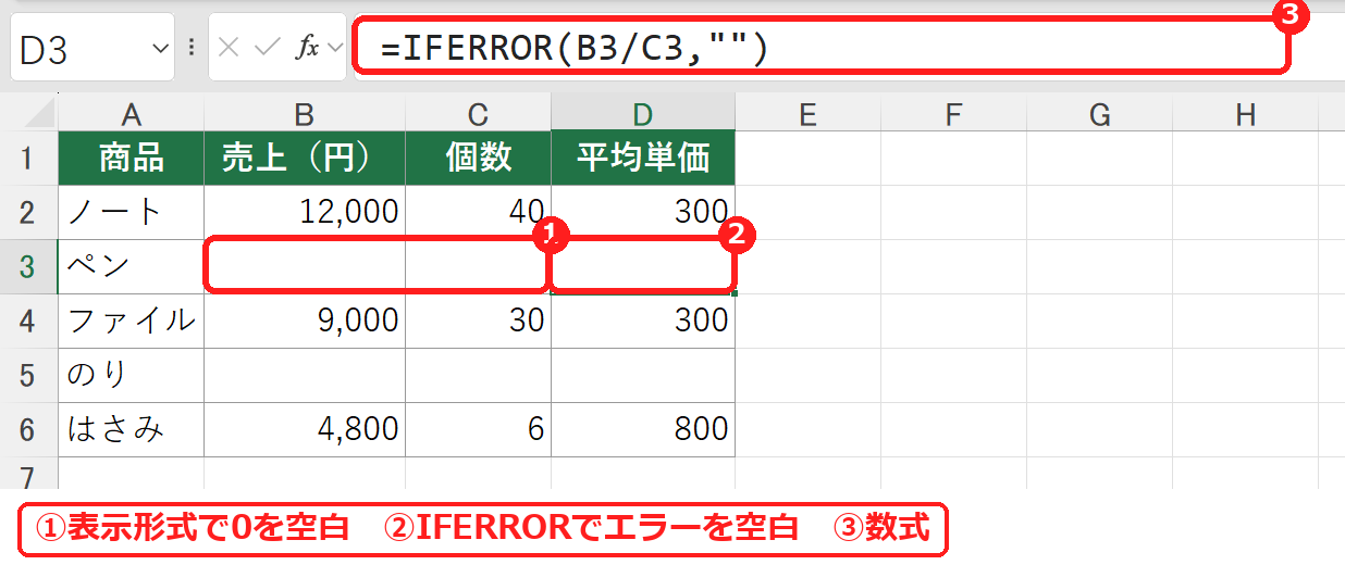 エクセルでIFERROR関数を使ってエラーを表示しないようにした集計表