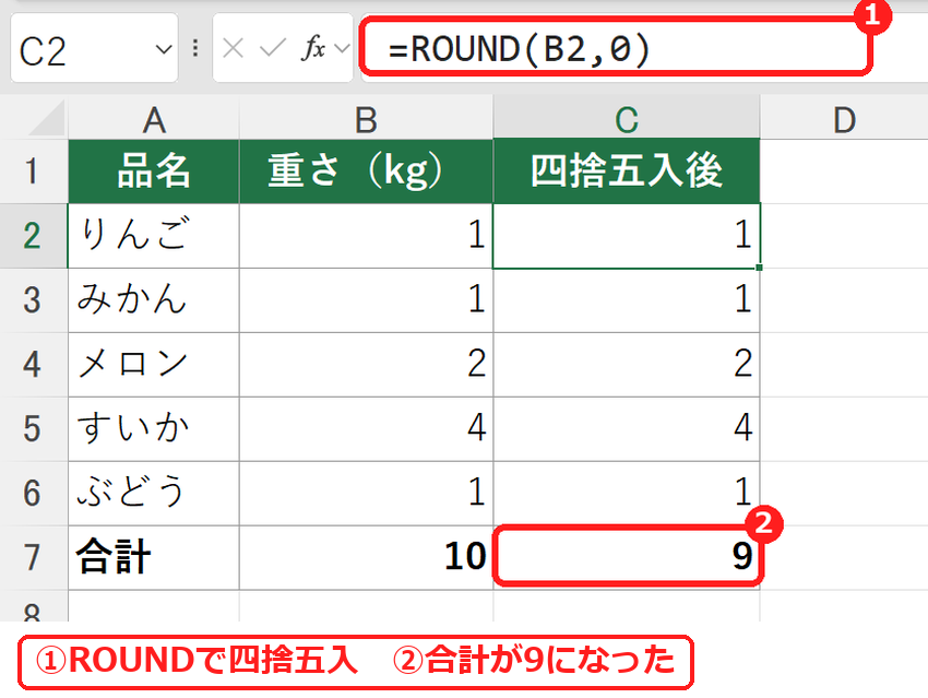 エクセルでROUND関数で四捨五入してから合計した表