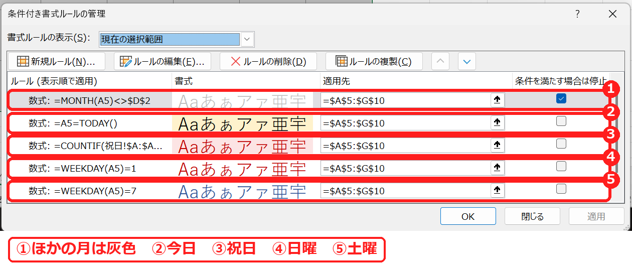 エクセルの万年カレンダーの条件付き書式のルール