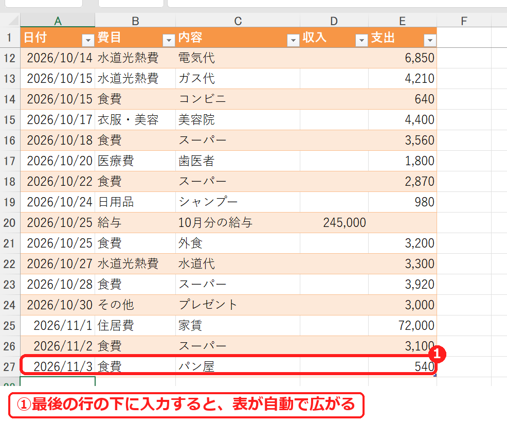 エクセルの家計簿に1行追加した入力シート