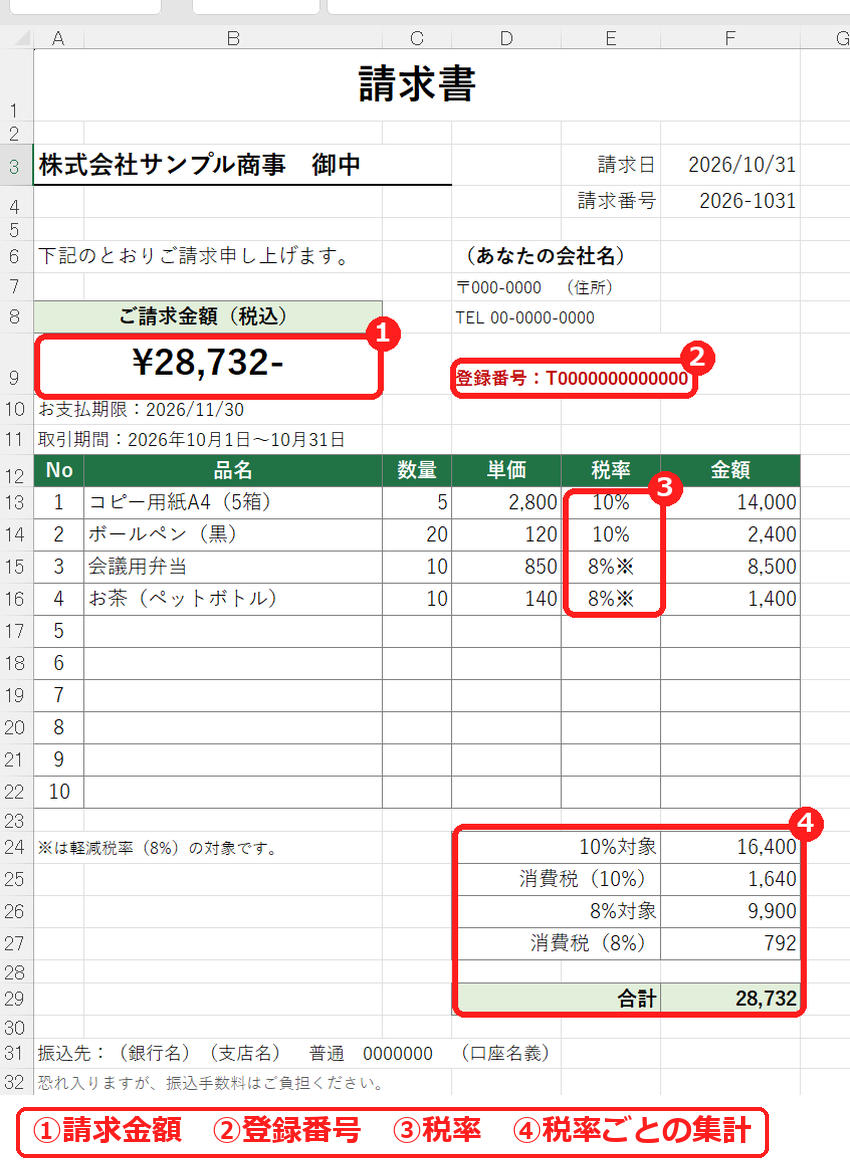 エクセルのインボイス対応の請求書テンプレート