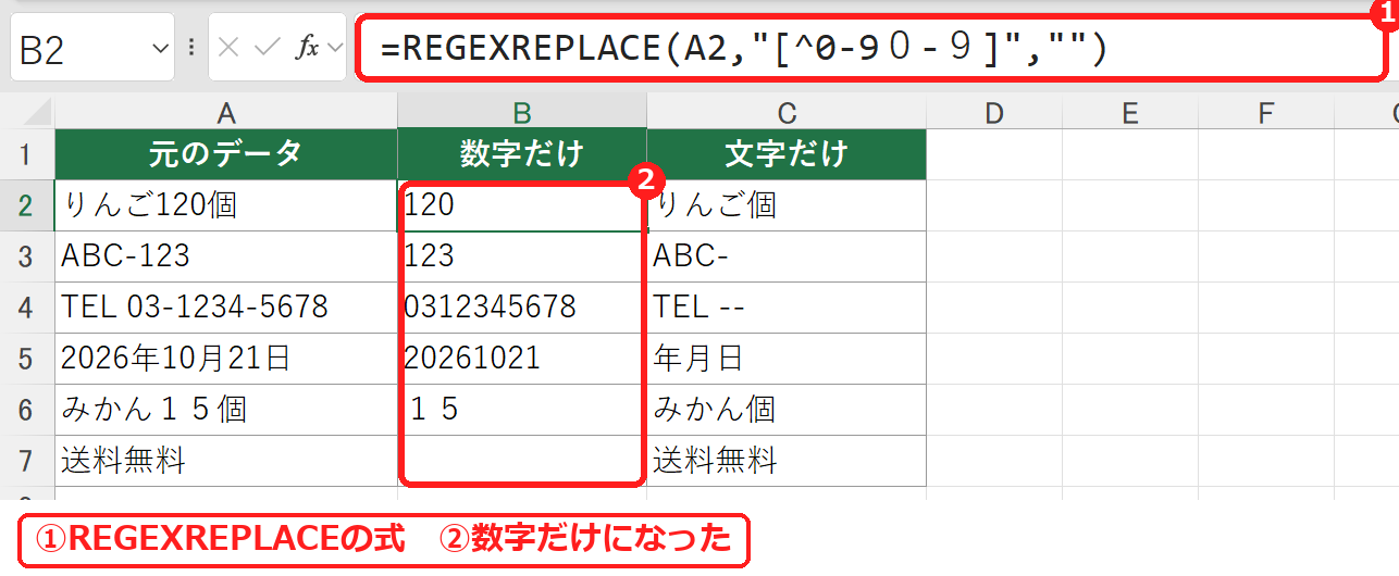 エクセルでREGEXREPLACE関数を使って数字だけを取り出した表