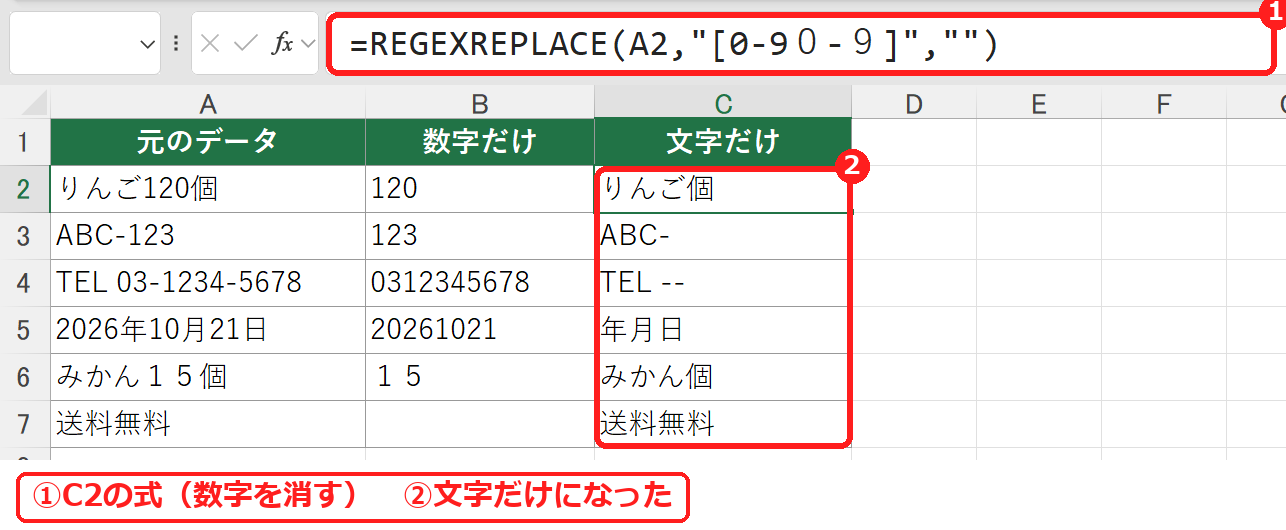 エクセルでREGEXREPLACE関数を使って文字だけを取り出した表