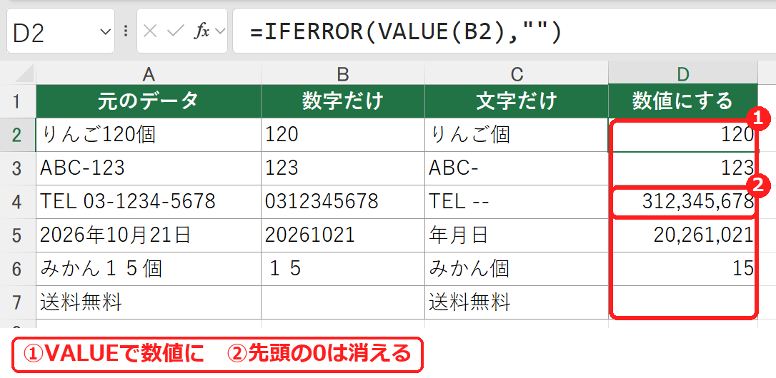 エクセルで取り出した数字をVALUE関数で数値にした表