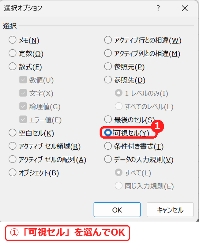 エクセルの選択オプションで可視セルを選ぶ
