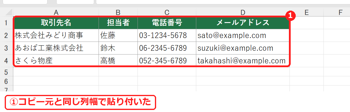 エクセルで列幅をそのまま貼り付けた表