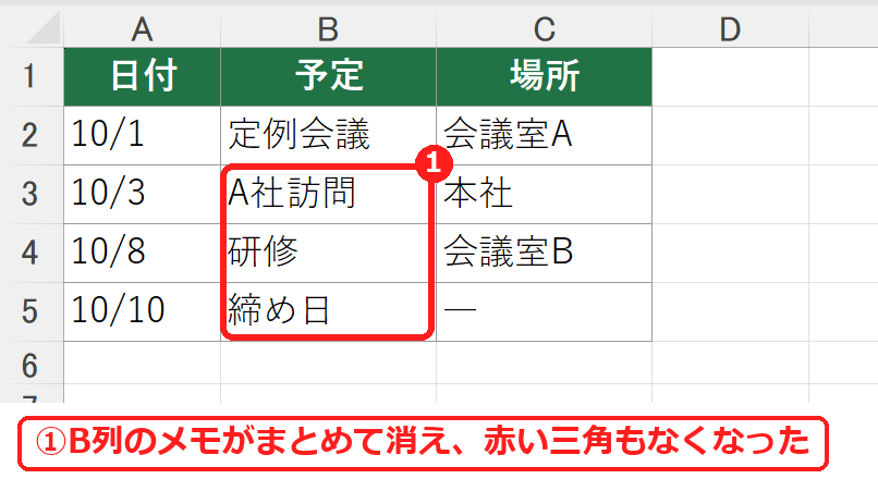 エクセルでメモをまとめて削除したあと