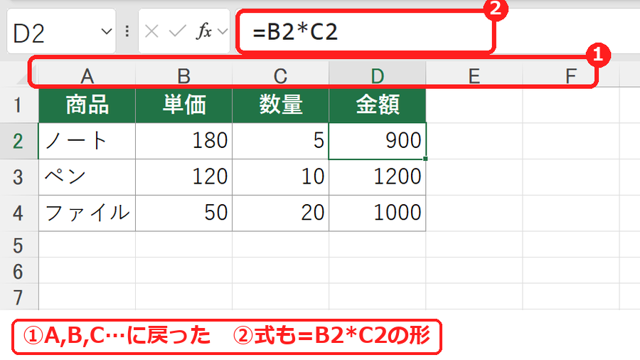 エクセルの列番号がアルファベットに戻った画面