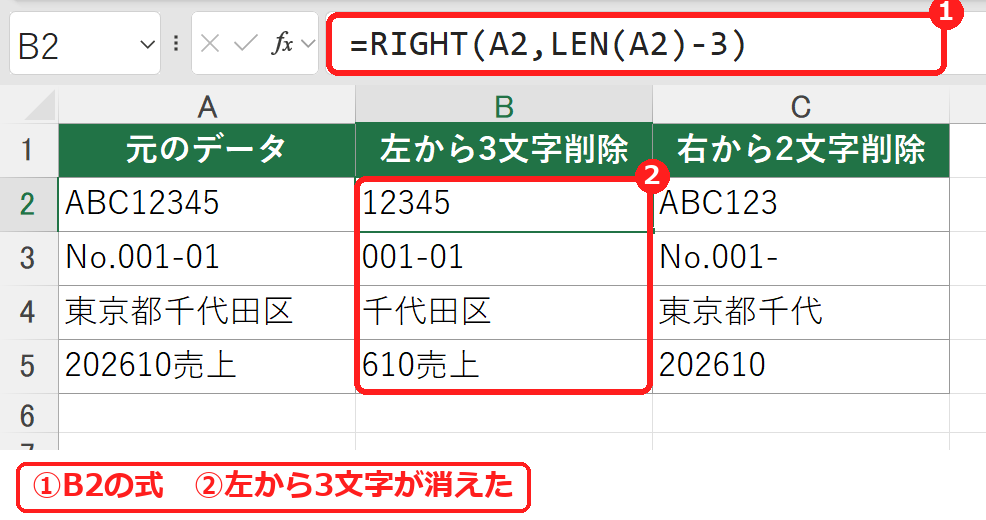エクセルで左から3文字を削除した表