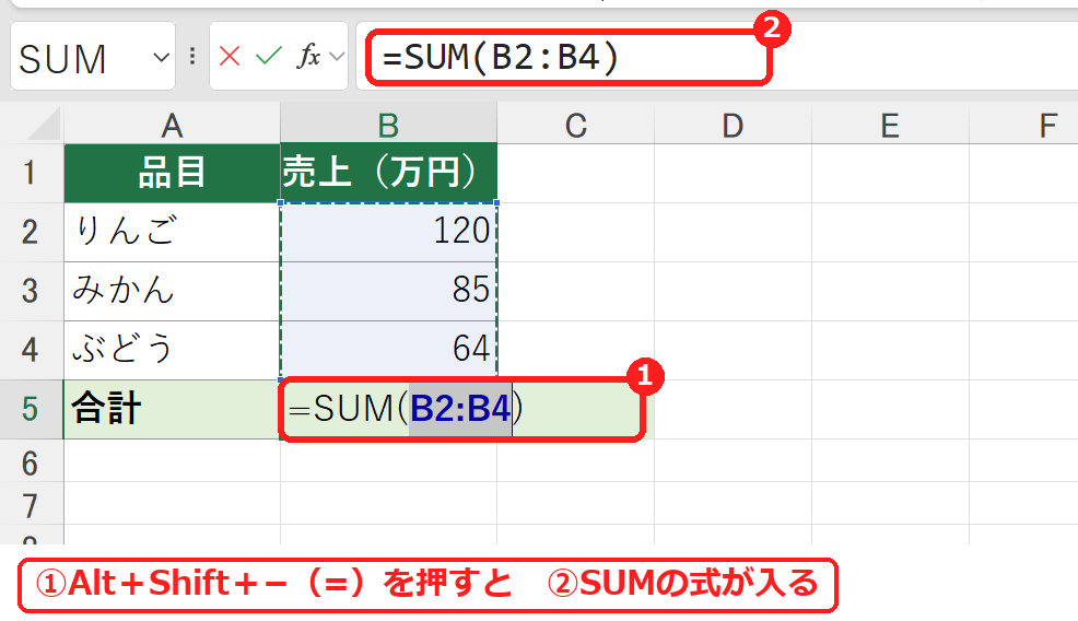 エクセルの合計のショートカットAlt+Shift+マイナス